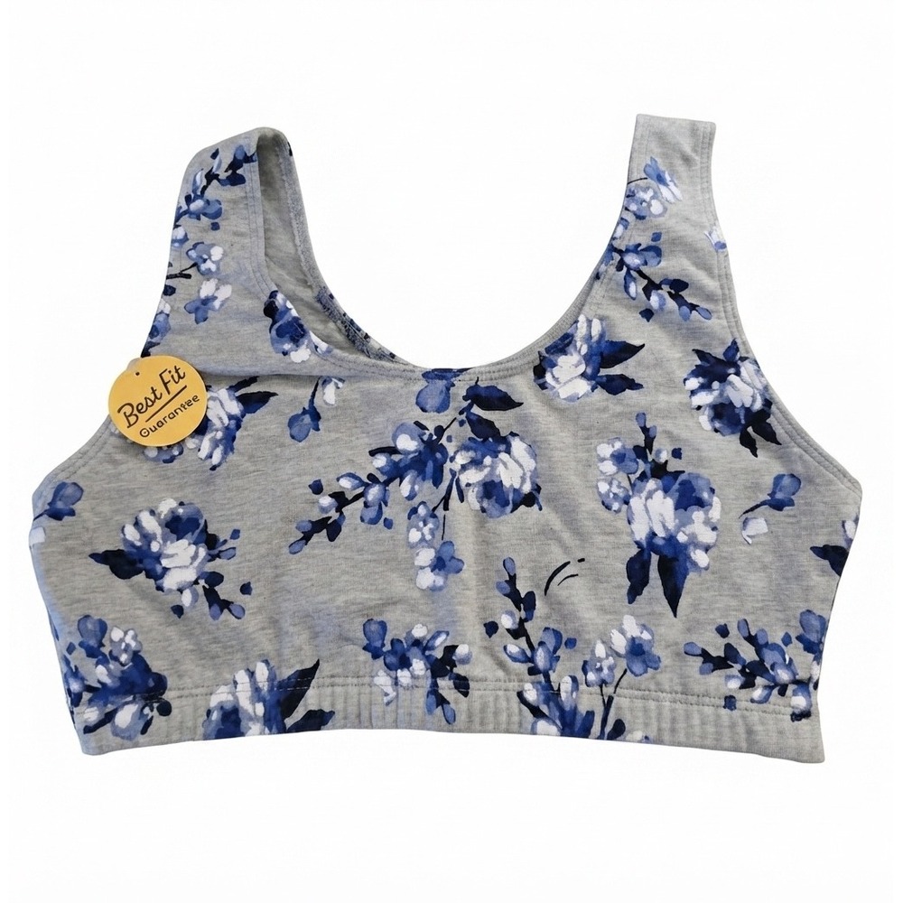 Fruit of the Loom Womens Cotton Stretch Sports Bra Floral Gray Blue Size 34